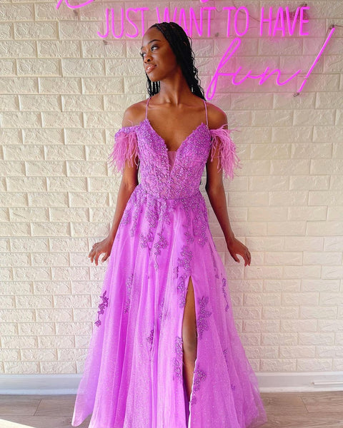 Cute A Line V Neck Pink Tulle Prom Dresses with Appliques VK3010303
