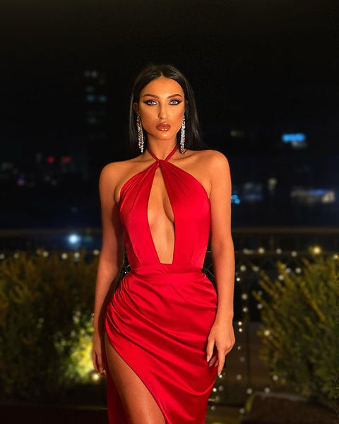Sexy Mermaid Halter Red Satin Deep V Neck Prom Evening Dresses with High Split,Evening Party Dresses VK0606001