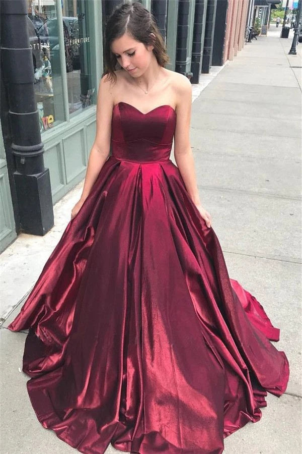 Unique A Line Burgundy Sweetheart Strapless Satin Prom Dresses, Simple Party Dress VK0128007