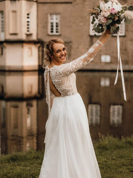 Modest Chiffon V-Neck A-line Backless Wedding Dresses Country With Long Sleeves Gowns VK0208001