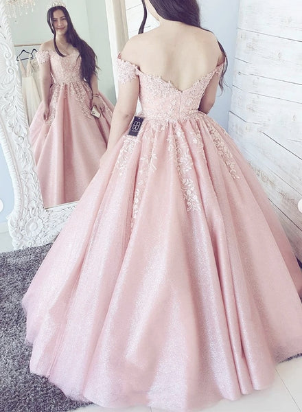 Sweetheart Pink Tulle Off Shoulder Long Formal Dress Sweet 16 Prom Dresses 2021 VK0205003