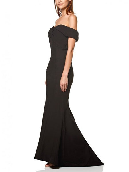 Mermaid Off-the-Shoulder Open Back Black Satin Ruched Long Prom Evening Dress VK0301005