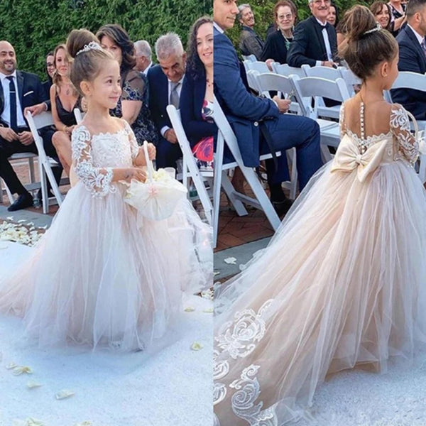Princess Jewel Long Sleeves Sweep Train Lace Tulle Flower Girl Dresses with Bowknot VK0522001
