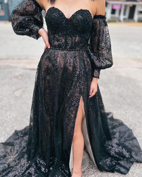 Cute A Line Sweetheart Black Sequins Long Prom Dresses VK23020704