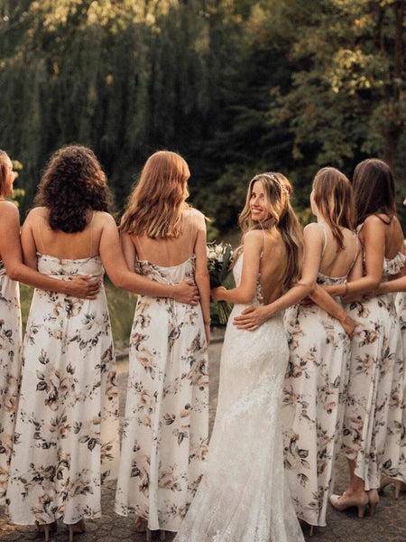 Simple Chiffon V-neck A-line Floral Printed Bridesmaid Dresses With Slit VK0321006
