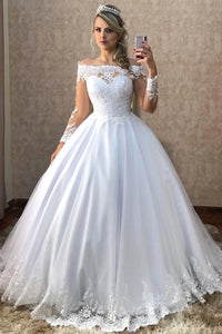 Long Sleeves A-line Off Shoulder White Wedding Dress with Lace VK0318016