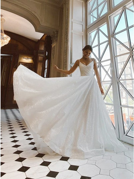 A-Line V-Neck Sleeveless Zipper-up Sequins Wedding Dress With Sweep Train VK0701008