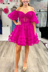 Cute A Line Off the Shoulder Fuchsia Tulle Short Homecoming Dress VK23061402