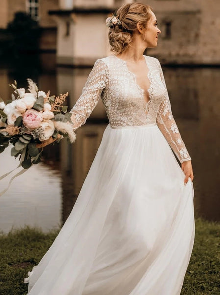 Modest Chiffon V-Neck A-line Backless Wedding Dresses Country With Long Sleeves Gowns VK0208001