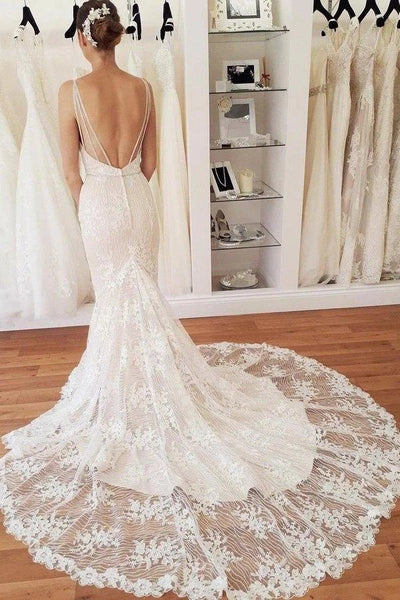 Free Shipping Elegant Spaghetti Straps Mermaid V Neck Lace Wedding Dresses Beach Bridal Dresses VK0120008
