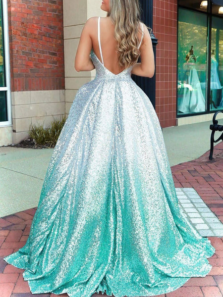 Sparkly A-Line V Neck Sequins Long Prom Evening Dresses VK0628003