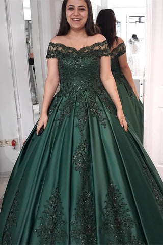 Princess Off-the-Shoulder Dark Green Wedding Dress with Appliques VK0406001