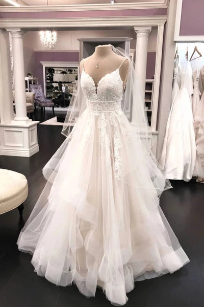 Charming A-Line V Neck Spaghetti Straps Ivory Tulle Wedding Dresses with Appliques VK0218001