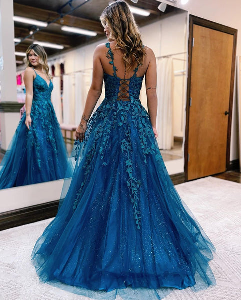 Cute A Line V Neck Teal Tulle Prom Dresses with Lace VK121505