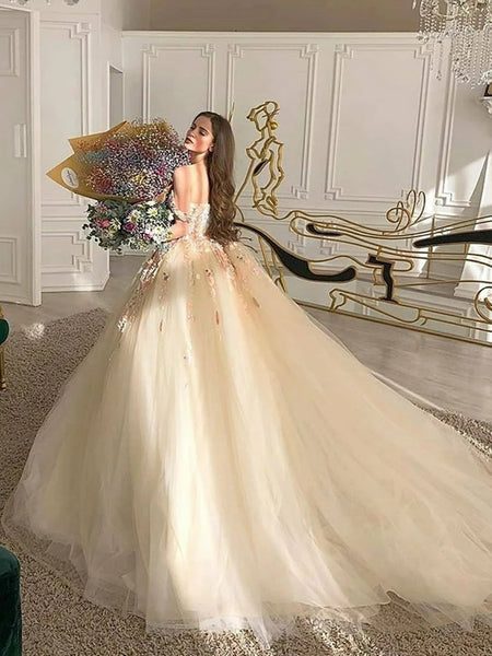 Gorgeous Off Shoulder Long Champagne Lace Floral Prom Dresses, Off Shoulder Champagne Formal Dresses, Floral Evening Dresses VK0606009
