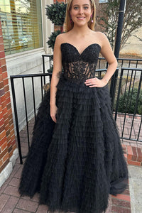 Black Sweetheart Tiered Tulle Long Prom Dresses with Appliques VK23112601