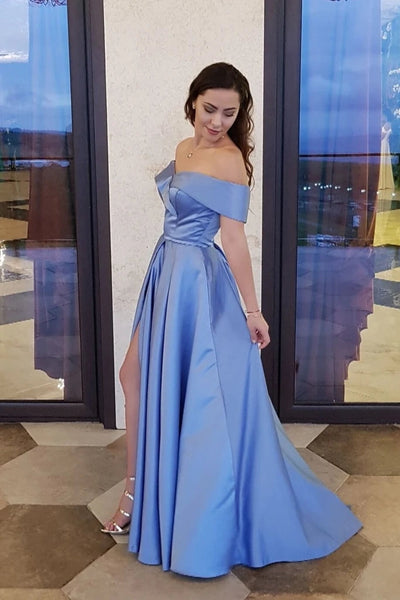 Unique A line Blue Off the Shoulder Sweetheart High Slit Satin Long Prom Dresses VK0312001