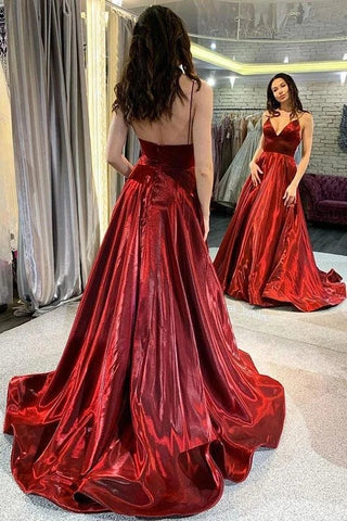 Shiny Spaghetti Straps Burgundy V neck Satin Prom Dresses, Cheap Dance Dresses VK0215002