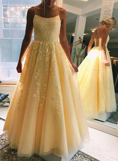 Floor-Length Spaghetti Straps Tulle A-Line/Princess Prom Dresses VK0301006
