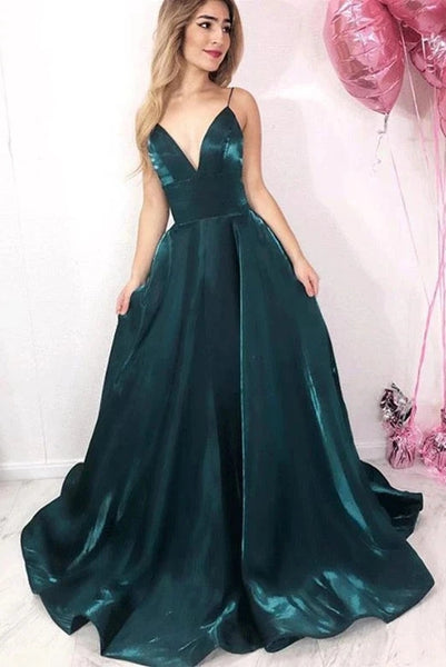 Long Green Spaghetti Straps V Neck Satin Prom Dresses, Evening Party Dresses VK0127005