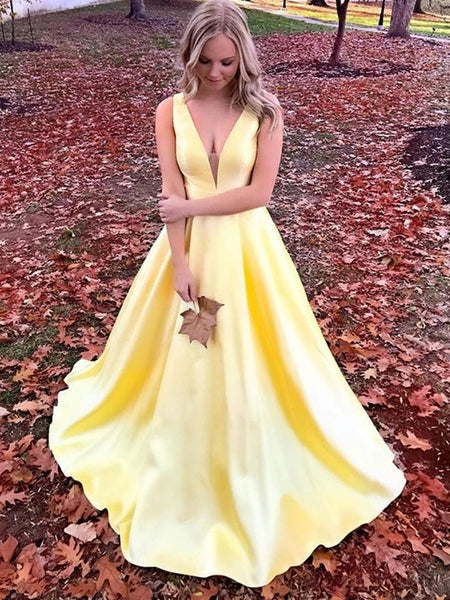Free Shipping Pretty A-Line V Neck Yellow Satin Long Prom Evening Dresses with Bows VK0119054
