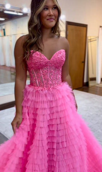 Black Sweetheart Tiered Tulle Long Prom Dresses with Appliques VK23112601