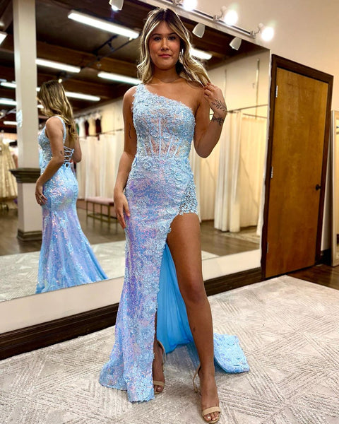 Cute Mermaid One Shoulder Light Blue Sequins Long Prom Dresses with Appliques VK23020402