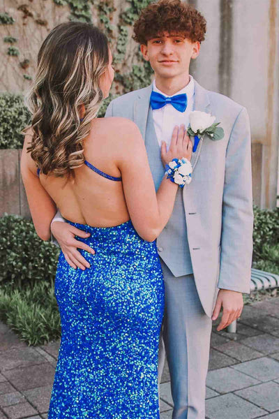Sparkly Mermaid Royal Blue Sequins Long Prom Dresses with Slit for 2022 VK22022106