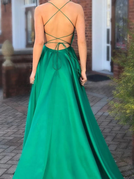 Charming Scoop Neck Spaghetti Straps Neckline Sweep Train A-line Prom Dresses With Slit VK0105003