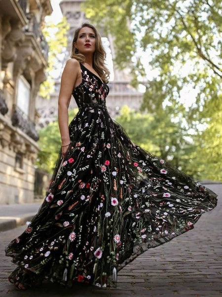 Free Shipping A-Line V-neck Lace Prom Dresses Long Floral Formal Gowns VK0105007