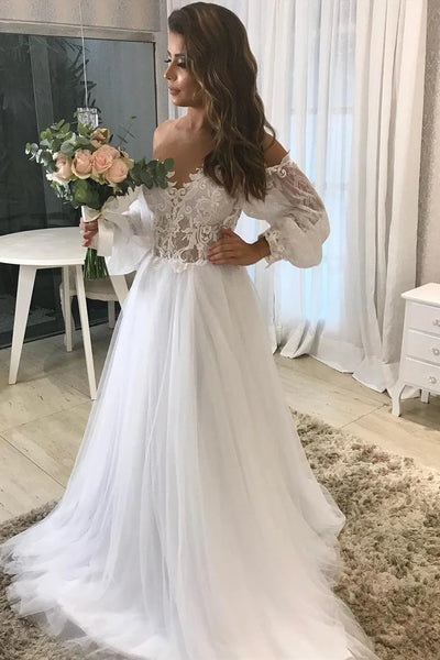 Unique A-Line Off the Shoulder Long Sleeve White Tulle Lace Wedding Dresses VK0318009