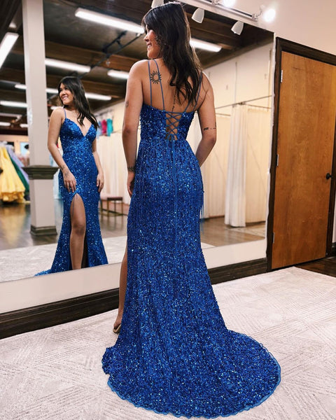 Cute Mermaid V Neck Blue Sequins Long Prom Dresses with Beading VK23012904