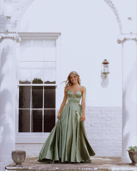 Sweetheart A Line Sage Green Satin Long Prom Dresses VK072901