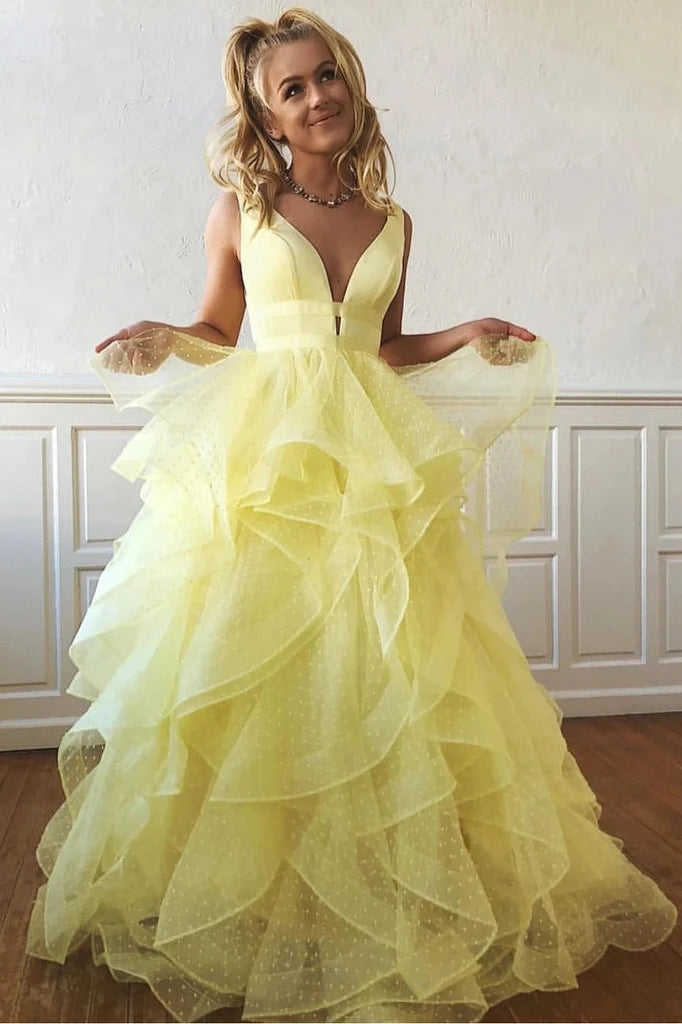 Free Shipping A Line Yellow Multi-layered Polka Dot Organza Prom Dresses Long Sweet 16 Dress VK0125019