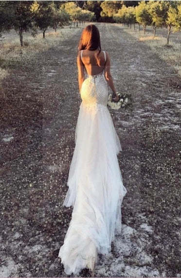 Free Shipping Charming Elegant Mermaid Zipper Back Lace Tulle Long V Neck Modest Wedding Dresses With Appliques VK0401011