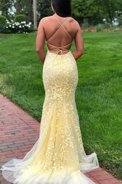Yellow Spaghetti Strap Mermaid Lace Appliqued Long Prom Dress, Sweep Train Evening Dress VK0101007