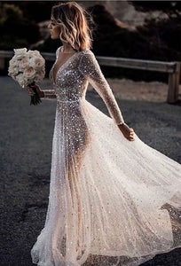 Sparkly A Line V Neck See-Through Sequins Wedding Dress with Long Sleeves VK22051601