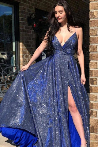 Sparkly A-line Spaghetti Straps Prom Dresses, Evening Dresses With Slit VK0801007