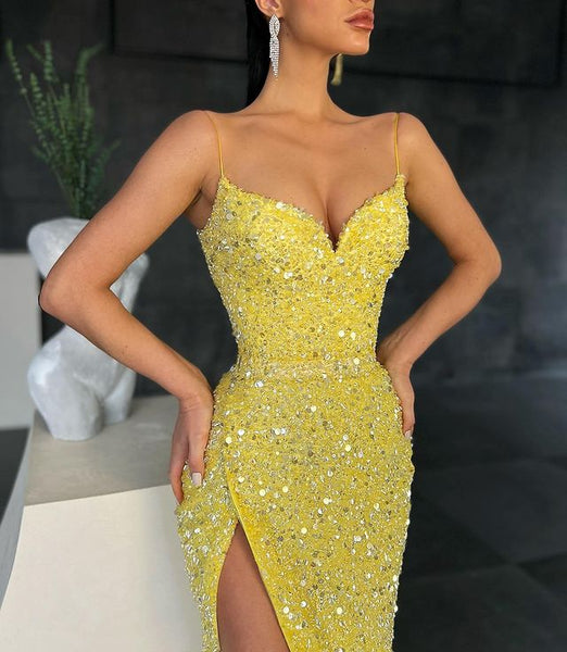 Stunning Mermaid Yellow Sequins Prom Dress for 2022 VK22020707