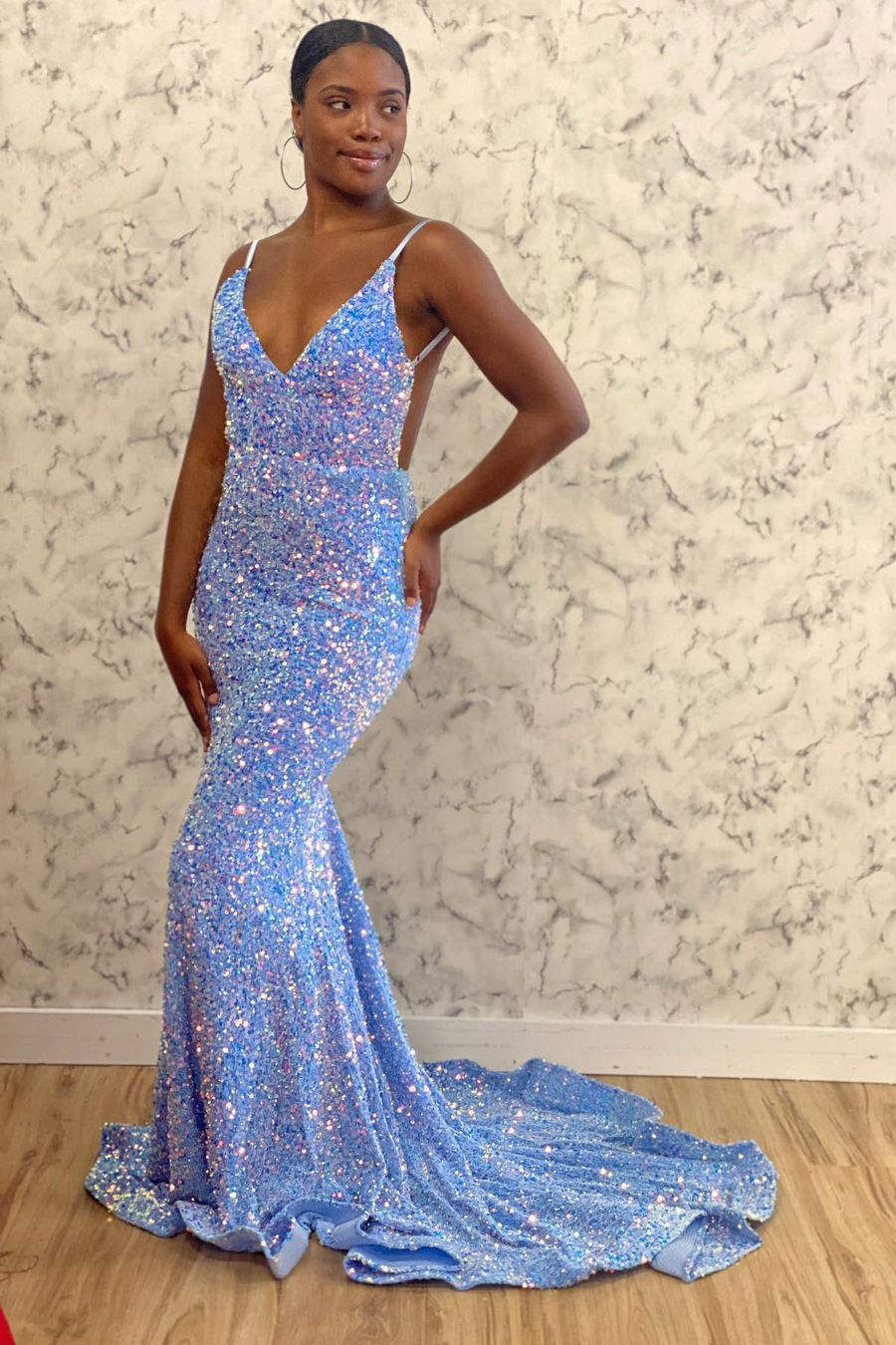 Free Shipping Gorgeous Mermaid V Neck Blue Sequins Long Prom Evening Dresses  VK0320001