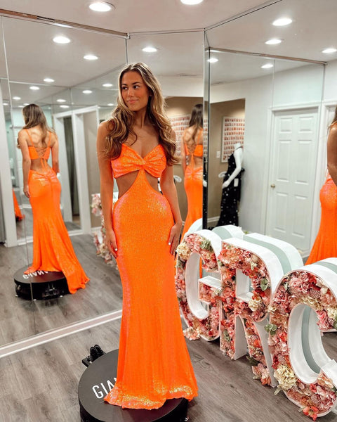 Sparkly V Neck Mermaid Orange Sequins Prom Dresses VK23010903
