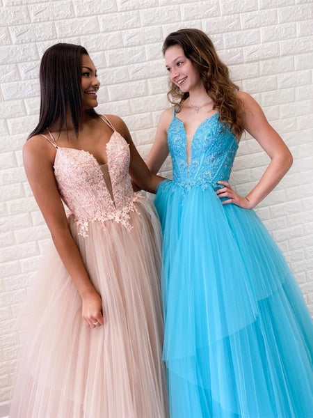 A-Line Cross Back Blush Blue Tulle Long Prom Dresses with Appliques VK0529008