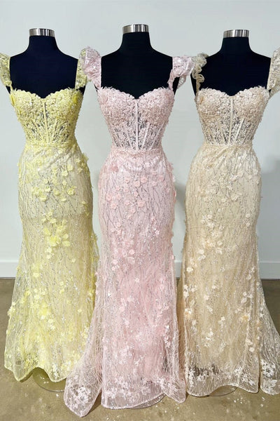 Sparkly Yellow Floral Sequins Lace Sweetheart Mermaid Long Prom Dress VK23112805