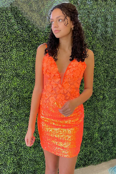 Cute Orange Sequins Short Junior Homecoming Dresses with Appliques VK071204