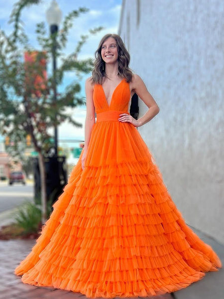 Cute A Line V Neck Orange Tulle Long Prom Dresses VK112301