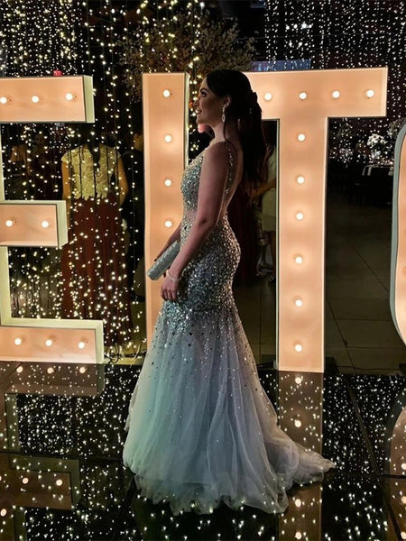Free Shipping Shining Tulle Prom Dresses Mermaid Evenig Gowns With Rhinestone Evening Dresses VK0119017