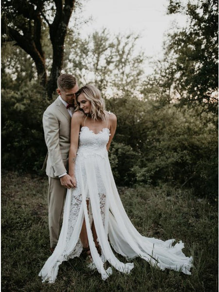 Gorgeous A-Line Spaghetti Straps Backless Hi-Low White Lace Wedding Dress VK011009
