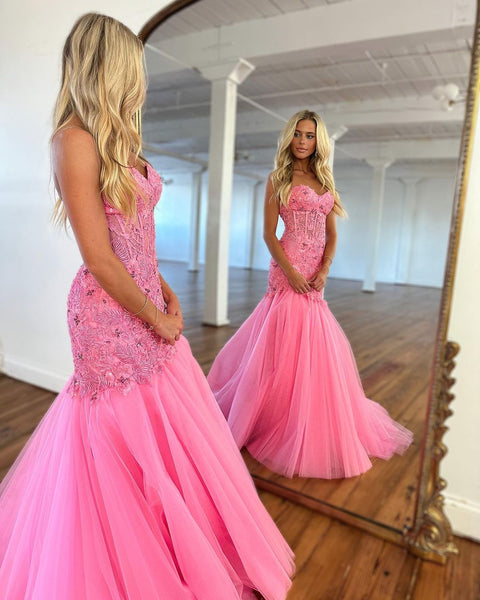 Charming Mermaid Sweetheart Hot Pink Long Prom Dresses with Lace VK23012003