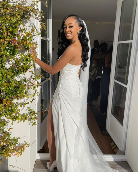 Charming Mermaid Strapless Satin Wedding Dresses with Slit VK23012704