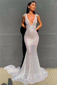 Sexy Deep V Neck Sequined Prom Dresses, Stunning Backless Mermaid Evening Dresses VK0128005